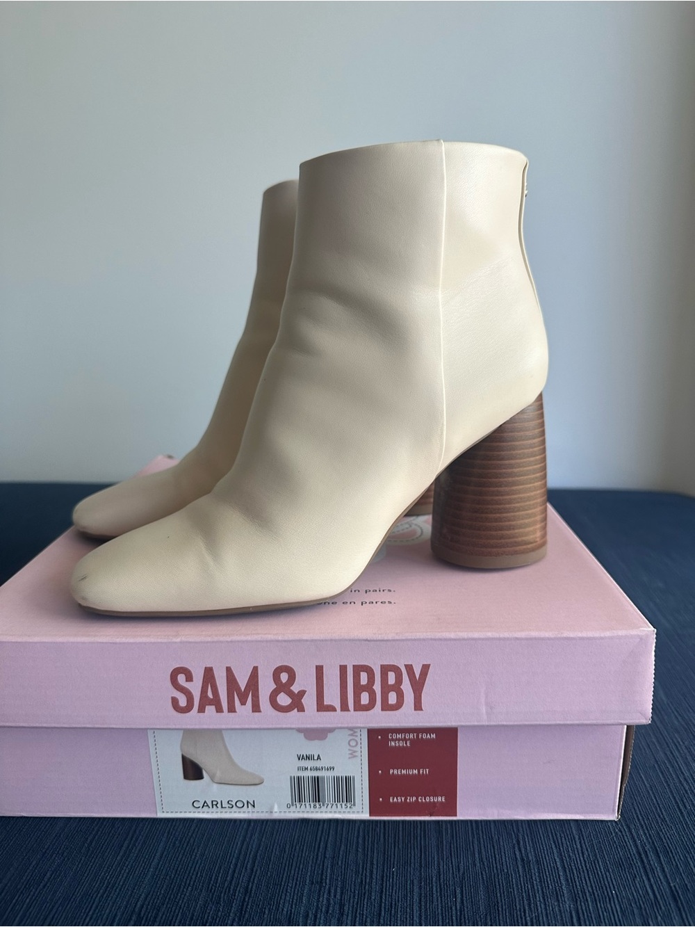 Sam & Libby Cream Leather Block Heel Ankle Boots